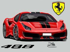 a drawing of a red sports car with a ferrari logo on the front and side