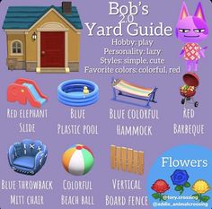 a purple poster with various types of toys and things to play in the yard on it