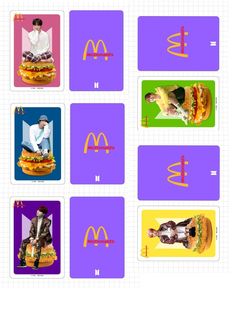 four different pictures with mcdonald's hamburgers and men in white suits on them