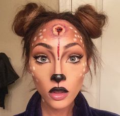 Zombie Deer Costume, Halloween Makeup Only Costume, Diy Deer Halloween Costumes For Women, Deer Nose Makeup, Cute Animal Halloween Makeup, Brown Dress Halloween Costume Ideas, Halloween Makeup And Hair, Simple Deer Makeup Halloween, Bambi Halloween Makeup