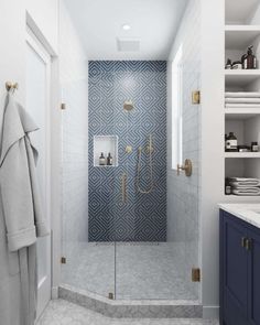 a walk in shower sitting next to a blue cabinet and white counter top under a mirror