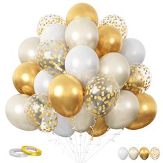 a bunch of white and gold balloons with confetti