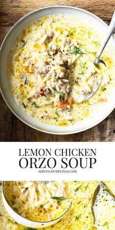 lemon chicken orzo soup in a white bowl