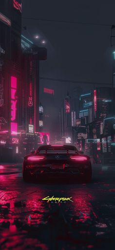 a red sports car parked in the middle of a city at night with neon lights