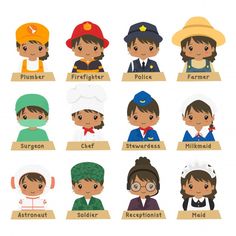 children's professions and their jobs in the world, set of cartoon characters on white background