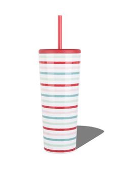 a red, white and blue striped cup with a straw