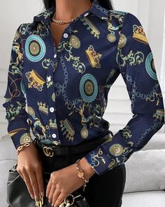 Lasaky - Baroque Chain Print Button-Up Shirt Patchwork Shirt, White Collared Shirt, The Office Shirts, White Long Sleeve Shirt, Cardigan Shirt, Spring Shirts, Elegant Shirt, Women Shirts Blouse, Tops Fall