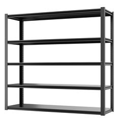 an empty metal shelving unit with four shelves on one side and the other end