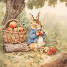 a painting of a rabbit eating apples in the woods next to a basket of apples