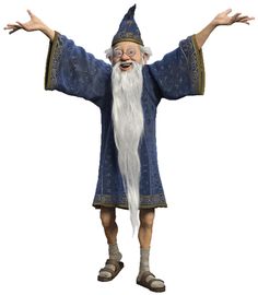 an animated wizard with long white hair and beard, wearing blue robes and holding his hands out