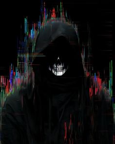 a person wearing a black hooded jacket with a skull on it's face in front of an abstract background