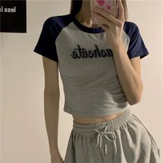 Color block and cropped. DetailsMaterial: CottonCollar: O-neck Tops Type: Tees Aesthetic Tees, Summer Korean Fashion, Korean Fashion Shorts, Vintage Letters, Shirt Korean, Jeans Outfit Summer, T Shirt Crop Top, Crop Top Dress, Streetwear Aesthetic