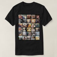 a black t - shirt with multiple pictures of people