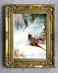 a painting of two pheasants in the snow