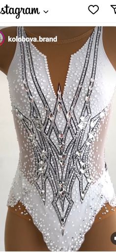 a white bodysuit with beads and pearls on the bottom is displayed in an instagramtion