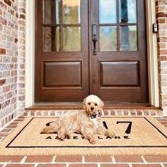 a dog sitting on the front door mat in front of a brick house with double doors