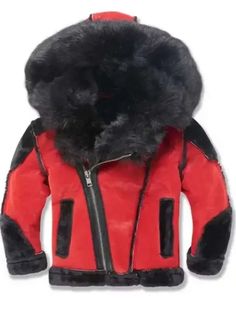 Men Red and Black Hooded Shearling Leather Jacket Toddler Winter Coat, Red And Black Jacket, Jordan Craig, Womens Black Leather Jacket, Fur Hood Jacket, Fur Leather Jacket, Mens Fur, Hooded Jacket Men, Genuine Leather Jackets