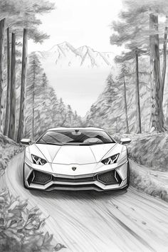 a drawing of a white sports car driving down a road with mountains in the background