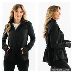 Brand New Stretch Outerwear With Pockets For Everyday, Fitted Black Windbreaker With Pockets, Black Stretch Windbreaker For Fall, Black Stretch Track Jacket For Spring, Fitted Black Track Jacket With Pockets, Versatile Black Track Jacket For Fall, Black Long Sleeve Track Jacket For Spring, Fitted Black Outerwear For Everyday Use, Black Spring Track Jacket For Work