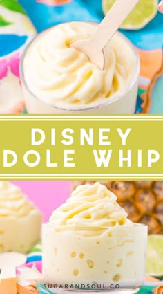 the disney dole whip is in a cup with a wooden spoon on top and other desserts around it