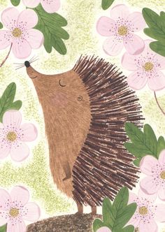 an illustration of a hedgehog with pink flowers on it's back and green leaves