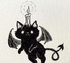 a drawing of a cat with a candle on it's head and wings in the shape of a demon