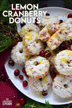 lemon cranberry donuts on a white plate