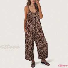 Qteee - Chic Sleeveless Jumpsuit with Leopard Print and Convenient Pockets, featuring Loose Fit and Adjustable Straps Summer Jumpsuits And Rompers For Leisure, Sleeveless Cotton Jumpsuits And Rompers For Leisure, Sleeveless Jumpsuits And Rompers For Leisure, Sleeveless Cotton Jumpsuit For Leisure, Sleeveless Leopard Print Jumpsuits And Rompers For Summer, Sleeveless Leopard Print Jumpsuit For Summer, Brown Summer Jumpsuits And Rompers For Loungewear, Summer Brown Jumpsuits And Rompers For Loungewear, Casual Printed V-neck Jumpsuits And Rompers