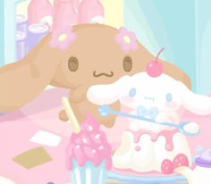 a cartoon bunny eating a cake with a spoon