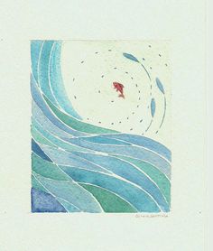 a drawing of a fish in the ocean with waves coming up to it's shore