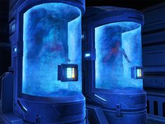 an image of a futuristic space station with blue walls and lights in the dark room