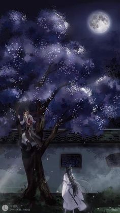 a woman standing next to a tree in front of a night sky with stars and moon