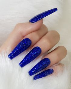 Blue Coffin Nails, Royal Blue Nails, Blue Glitter Nails, White Acrylic Nails, Long Acrylic Nails Coffin, Blue Nail, Nails Polish, Coffin Nails Long