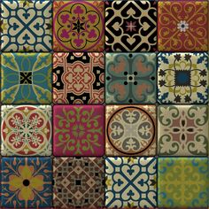 an assortment of colorful tiles with different designs