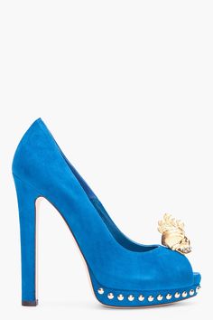 Alexander McQueen Alexander Mcqueen Blue, Blue Skull, Mcqueen Shoes, Alexander Mcqueen Shoes, Gold Skull, Studded Heels, Fabulous Shoes, Crazy Shoes, Suede Pumps