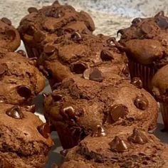 chocolate muffins with chocolate chips on top are ready to be eaten in the oven