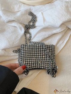 BirdinBag - Chic Rhinestone Square Bag: Elegant Essential for Weddings, Proms, and Parties Rectangular Crystal Bag With Rhinestones, Handheld Crystal Bags With Rhinestones, Rectangular Crystal Bags With Rhinestones, Silver Crystal Rectangular Bag, Silver Rectangular Crystal Bag, Rectangular Silver Crystal Bag, Rectangular Crystal Bag With Bling, Bridal Purse, Chain Pattern