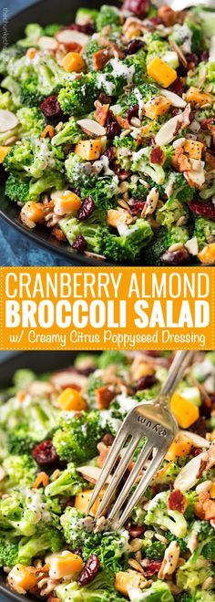 broccoli salad with cranberries and almonds in a skillet topped with a fork