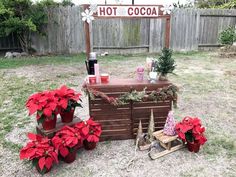 a wooden cart with poinsettis on it in the yard next to a sign that says hot cocoa