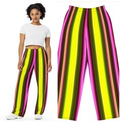 💛Get the comfort of pajamas in this stylish pair of Women's Wide-Leg Baggy Pants with a Pink & Neon Stripes Design. With the adjustable waist and stretchy fabric, it's like your favorite sweatpants but better! * Relaxed fit * Practical side pockets * Elastic waistband with a white drawstring * Can be worn on the waist or on the hips * Premium knit mid-weight jersey fabric * 95% polyester, 5% elastane (fabric composition may vary by 1%) * Fabric weight: 6.19 oz/yd2 (210 g/m2) (weight may vary by 5%) Refer to Sizing Chart above in Photo Section Matching Crop Top: https://www.etsy.com/listing/1719959372/neon-crop-top-pink-yellow-striped-tank? Other Wide-Leg Baggy Pants: https://www.etsy.com/shop/zazzdesignz/?etsrc=sdt&section_id=46327226 Casual Sleepwear Straight Pants For Pajama Party, Casual Sleepwear With Relaxed Fit Trousers, Casual Sweatpants For Pajama Party In Spring, Casual Spring Sweatpants For Pajama Party, Trendy Striped Pants For Loungewear, Casual Wide-leg Pants For Pajama Party, Striped Relaxed Fit Bottoms For Pajama Party, Green Relaxed Fit Pants For Pajama Party, Relaxed Fit Multicolor Wide-leg Bottoms