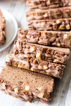 sliced loaf of banana nut bread with icing