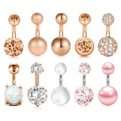 PRICES MAY VARY. ◆10 Pcs Belly Button Rings a Pack,10 Styles with Simple Style, More Options for Your Daily Wearing. ◆ Thickness of Bar: 14 Gauge=1.6mm, Bar Length is 6mm, Ball Diameter 5mm/8mm, Common Belly Piercing Size. ◆QUALITY MATERIAL:Made with Surgical Grade Stainless Steel, Completely Non-corrosive, Also Resistant to Acid, Alkali, No Fading, No Distortion. ◆Short belly button rings are great for shallow, thin and tiny piercing. These metal belly button rings are like basic banana barbell Navel Piercing Jewelry, Vintage Waves, Belly Bar, Barbell Piercing, Steel Flowers, Green Stone Rings, Belly Bars, Rose Gold Crystal, Button Rings