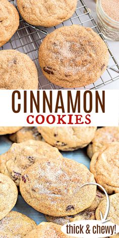 cinnamon cookies are cooling on a rack with powdered sugar in the background and text overlay reads, cinnamon cookies thick & chewy