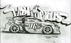 a drawing of a race car with graffiti on the wall behind it and words that say fast