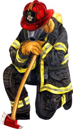 a drawing of a fireman kneeling down with a shovel