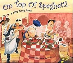 an image of children's book on top of spaghetti with cartoon characters in the background