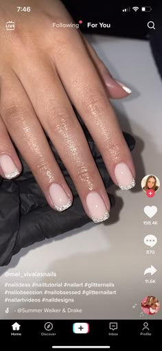 Sparkly French Manicure, Sparkly French Tip Nails, Silver Tip Nails, Silver Manicure, Short French Nails, Prom Nails Silver, Glitter French Manicure, Nail Tip Designs, Silver Glitter Nails