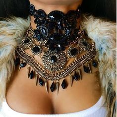 Beaded Collar, Neck Piece, Choker Collar, Rhinestone Bead, Statement Jewelry, Black And Gold, Crystal Necklace, Tassel Necklace