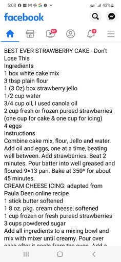 an iphone screen showing the recipe for strawberry cake