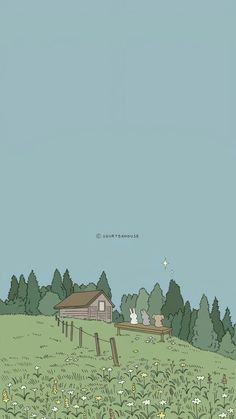 an illustration of a house in the middle of a field